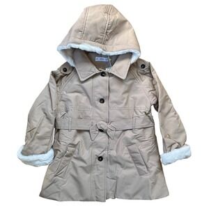 Mango Kids Girls Tan Faux Fur Trim Hooded Belted Parka Jacket Size‎ 6 NWT